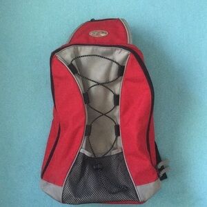 𝅺GAP sling bag red gray one main pocket, one mesh pocket with bungee cord area